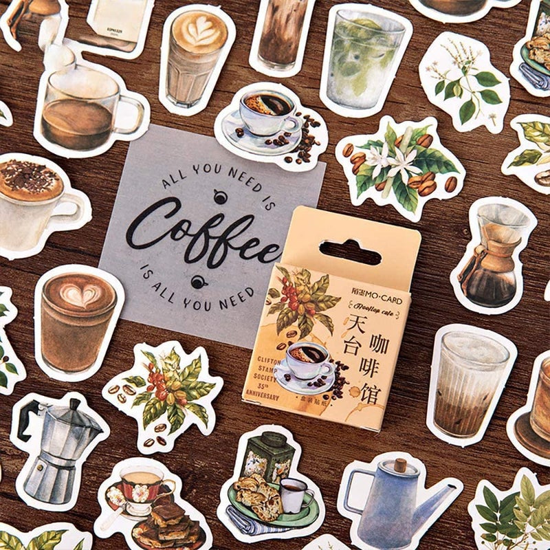 Doraking Small Size Laptop Stickers, 46pcs Doraking Boxed DIY Decoration Coffee Theme Stickers for Laptop, Planners, Scrapbook, Suitcase, Diary, Notebooks, Album(Cafe, 46pcs/ Box) - Image 1
